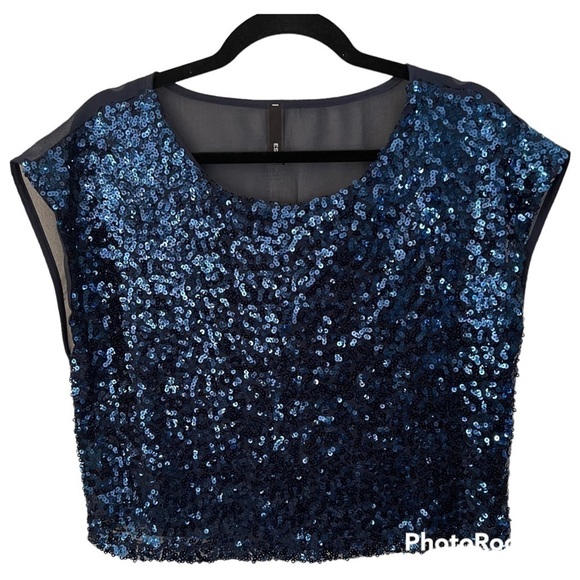 Royal blue sequined cocktail party blouse, M, front sequins with sheer back. - Picture 1 of 11